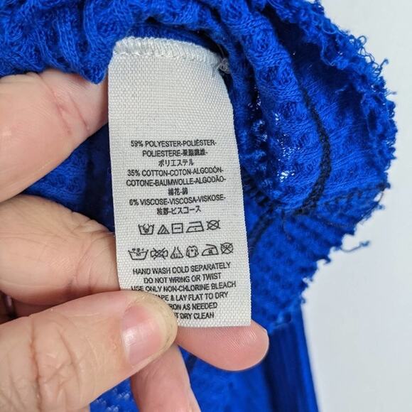 Free People We The Free Sapphire Blue Dahlia Waffle Knit Bell Sleeve Top - Picture 7 of 10